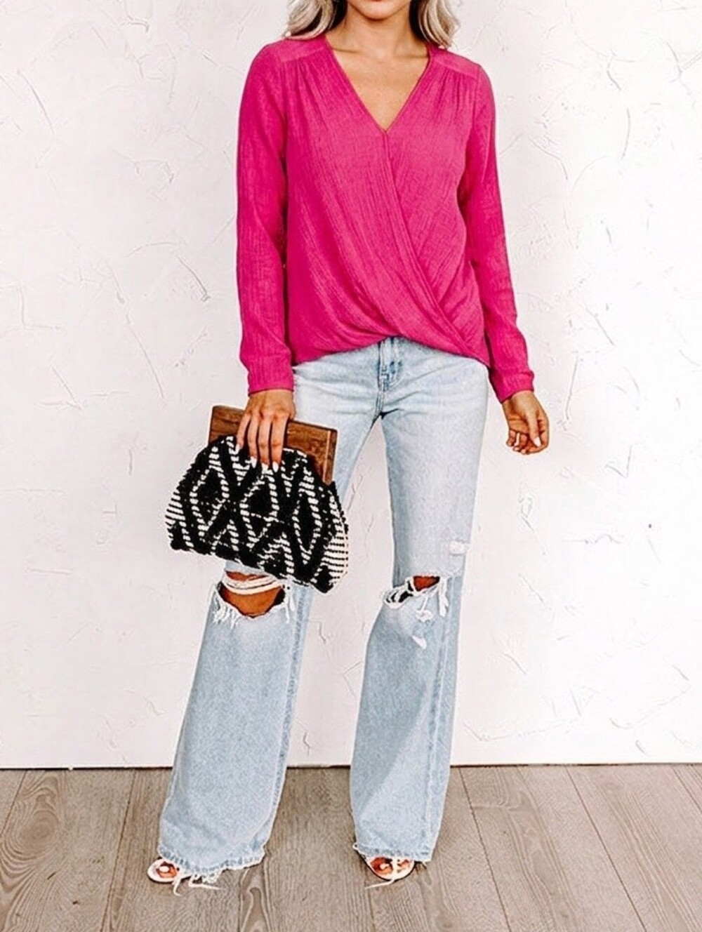 Chic EE:Some Gauzy Long-Sleeve Top - Hot Pink - Size Large